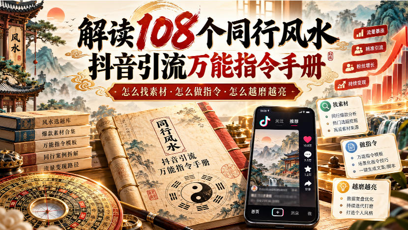 解读108个同行风水抖音引流万能指令手册,怎么找素材·怎么做指令·怎么越磨越亮【文档】-优优云网创