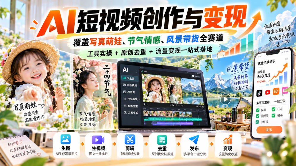 AI短视频创作与变现，覆盖写真萌娃、节气情感、风景带货全赛道，工具实操+原创去重+流量变现一站式落地-优优云网创