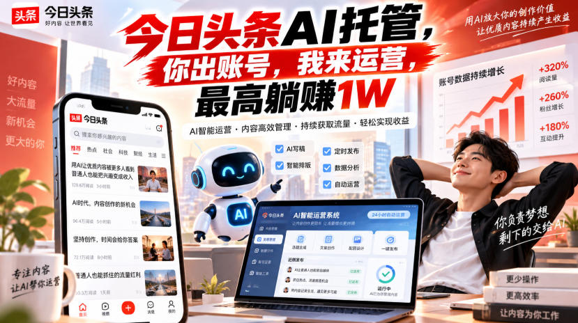 今日头条AI托管，你出账号，我来运营，最高躺賺1W【揭秘】-优优云网创