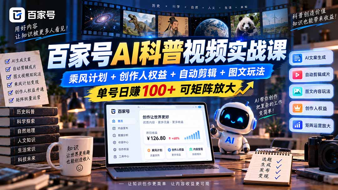 百家号AI科普视频实战课：乘风计划+创作人权益+自动剪辑+图文玩法，单号日赚100+可矩阵放大-优优云网创