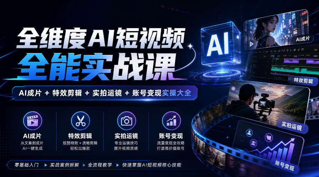 全维度AI短视频全能实战课,AI成片+特效剪辑+实拍运镜+账号变现实操大全-优优云网创