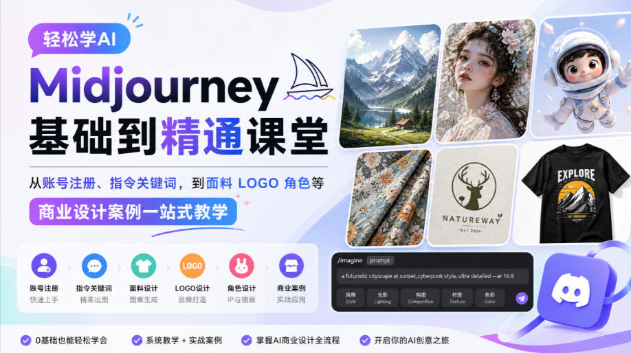 轻松学AI Midjourney基础到精通课堂，从账号注册、指令关键词，到面料LOGO角色等商业设计案例一站式教学-优优云网创