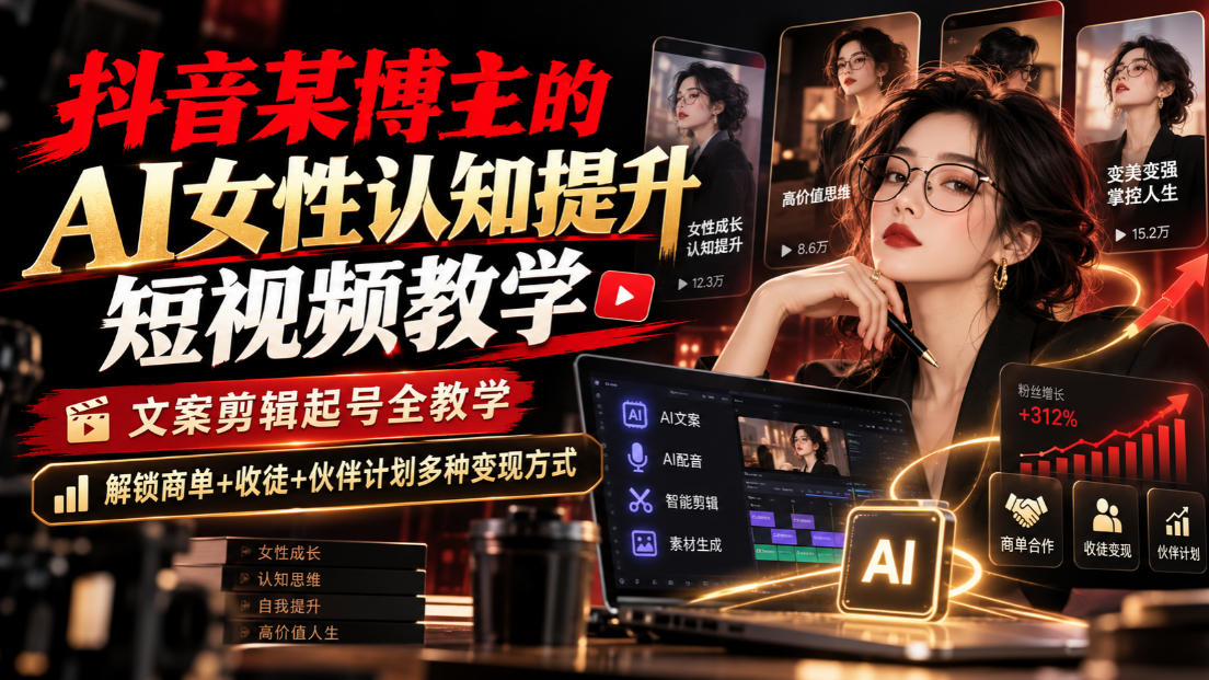 抖音某博主的Ai女性认知提升短视频教学,文案剪辑起号全教学,解锁商单+收徒+伙伴计划多种变现方式-优优云网创