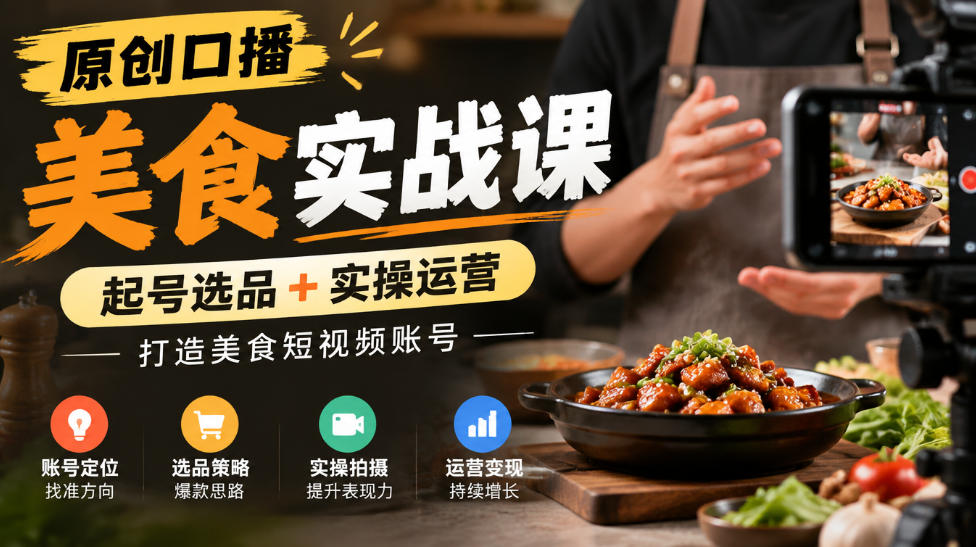 原创口播美食实战课,起号选品+实操运营,打造美食短视频账号-优优云网创