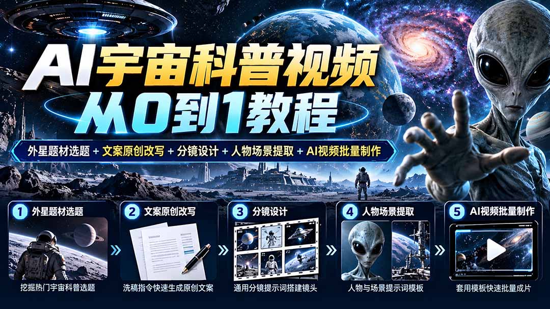 AI宇宙科普视频从0到1教程|外星题材选题+文案原创改写+分镜设计+人物场景提取+AI视频批量制作-优优云网创