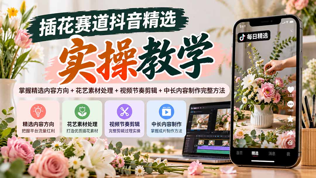 插花赛道抖音精选实操教学:掌握精选内容方向+花艺素材处理+视频节奏剪辑+中长内容制作完整方法-优优云网创