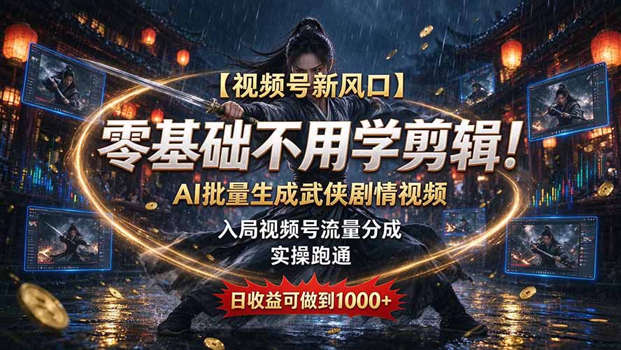 【视频号新风口】零基础不用学剪辑!AI 批量生成武侠剧情视频,入局视频号流量分成,实操跑通,日收益可做到 1000+-优优云网创