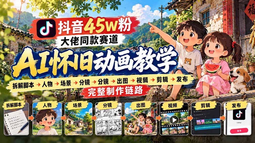 抖音45W粉大佬同款赛道AI怀旧动画教学:拆解脚本→人物→场景→分镜→出图→视频→剪辑→发布完整制作链路-优优云网创
