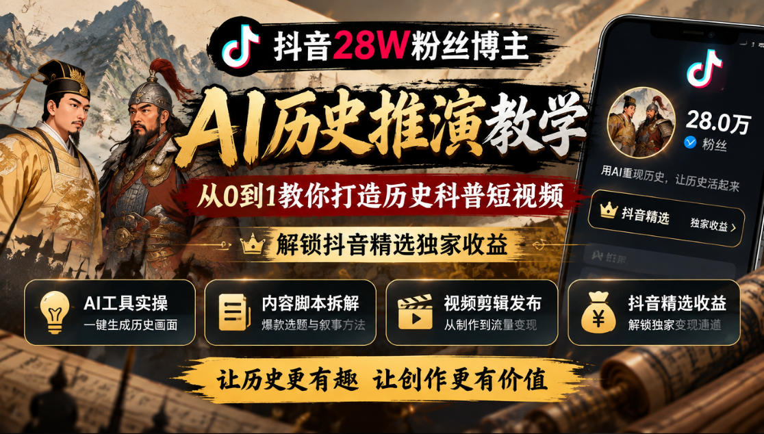 抖音28W粉丝博主的AI历史推演教学,从0到1教你打造历史科普短视频,解锁抖音精选独家收益-优优云网创