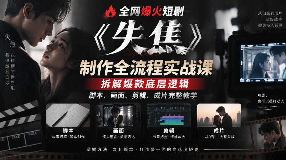 全网爆火短剧《失焦》制作全流程实战课|拆解爆款底层逻辑,脚本、画面、剪辑、成片完整教学-优优云网创