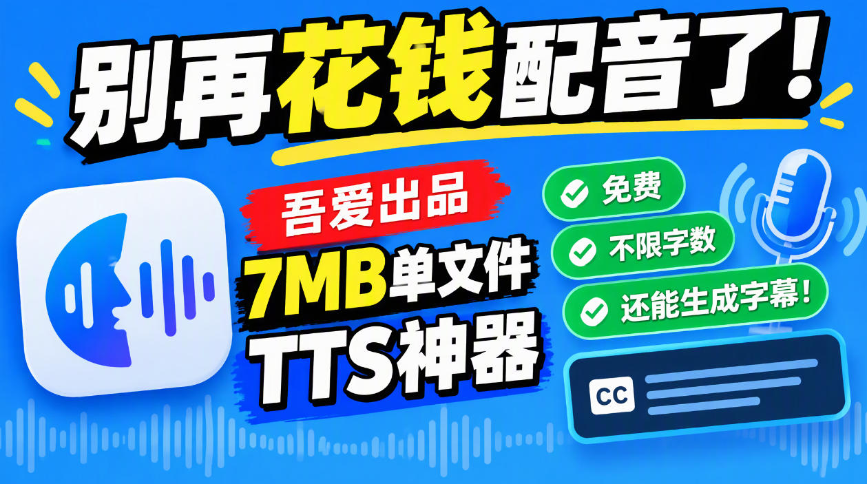 别再花钱配音了!吾爱出品7MB单文件TTS神器,免费不限字数还能生成字幕!-优优云网创