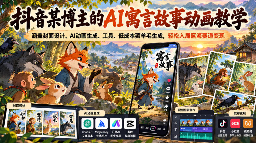抖音某博主的AI寓言故事动画教学，涵盖封面设计、AI动画生成、工具、低成本薅羊毛生成，轻松入局蓝海赛道变现-优优云网创