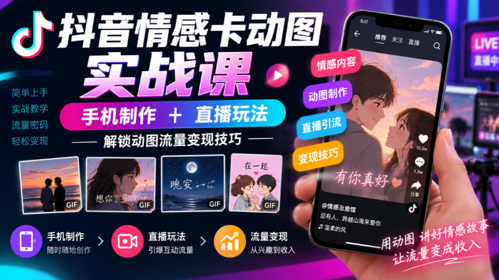 抖音情感卡动图实战课｜手机制作+直播玩法，解锁动图流量变现技巧-优优云网创