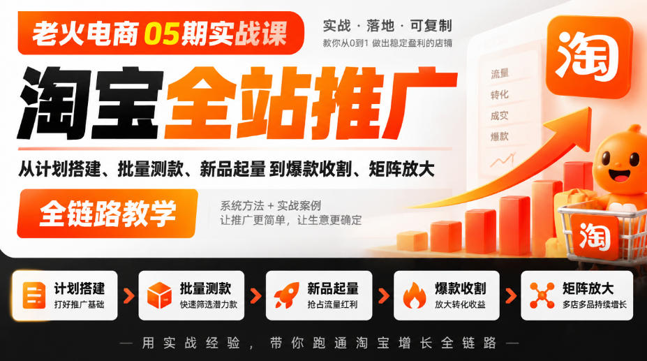 老火电商05期实战课｜淘宝全站推广从计划搭建、批量测款、新品起量到爆款收割、矩阵放大全链路教学-优优云网创