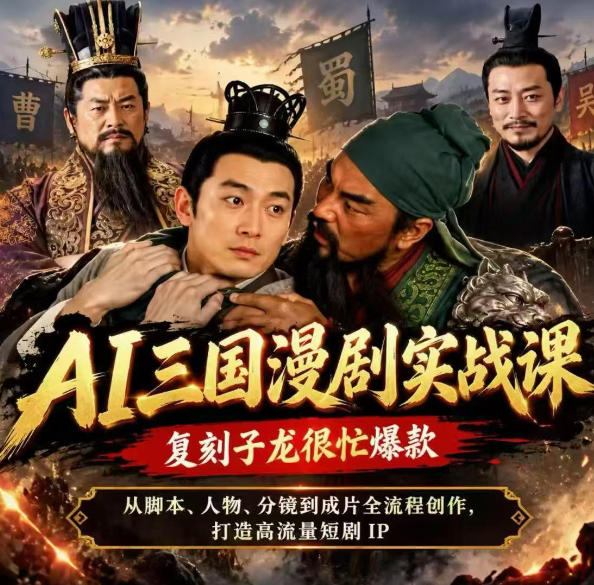 抖音14W粉博主同款AI三国漫剧实战课，复刻子龙很忙爆款，从脚本、人物、分镜到成片全流程创作，打造高流量短剧IP-优优云网创