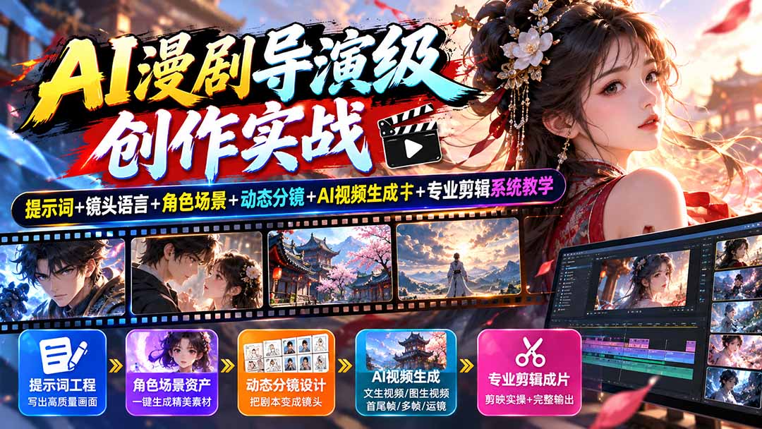 AI漫剧导演级创作实战：提示词+镜头语言+角色场景+动态分镜+AI视频生成+专业剪辑系统教学-优优云网创