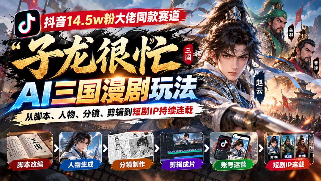 抖音14.5w粉大佬同款赛道「子龙很忙」AI三国漫剧玩法：从脚本、人物、分镜、剪辑到短剧IP持续连载-优优云网创