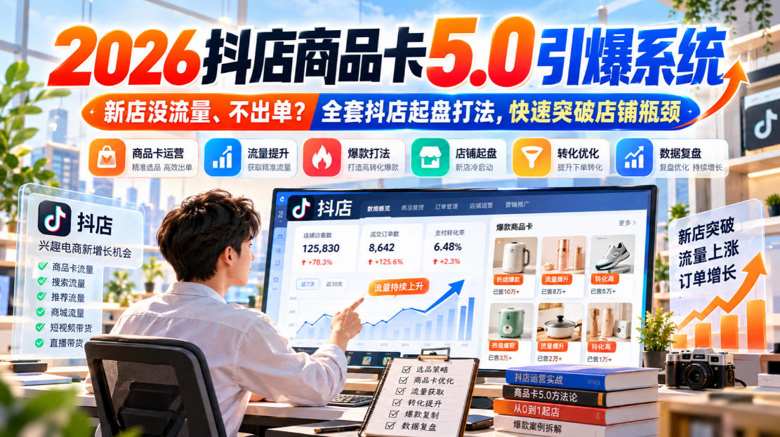 2026抖店商品卡5.0引爆店铺流量,新店没流量、不出单?全套抖店起盘打法,快速突破店铺瓶颈-优优云网创