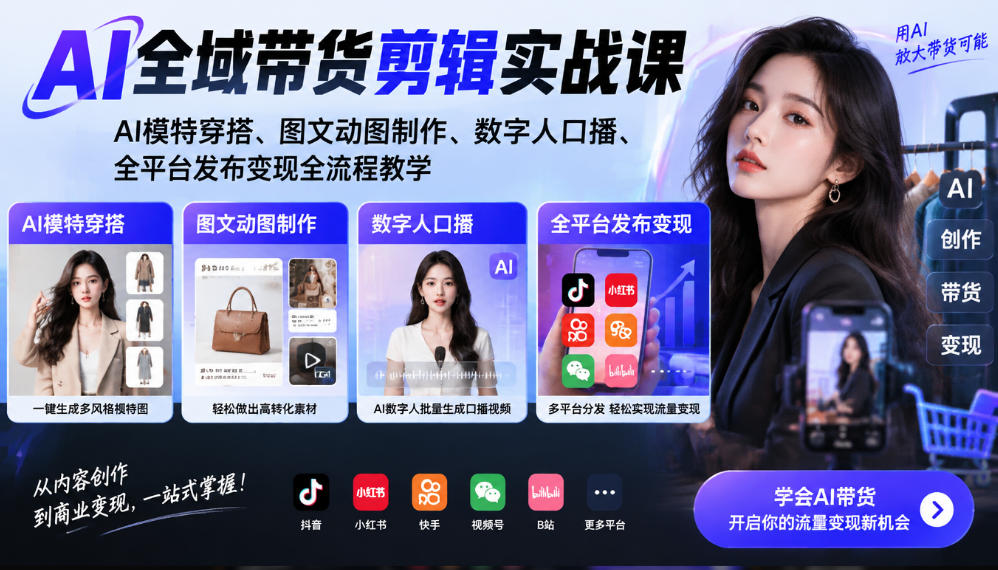 AI全域带货剪辑实战课|AI模特穿搭、图文动图制作、数字人口播、全平台发布变现全流程教学-优优云网创
