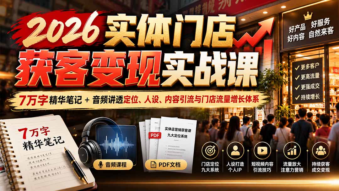 2026实体门店获客变现实战课：7万字精华笔记+音频讲透定位、人设、内容引流与门店流量增长体系-优优云网创