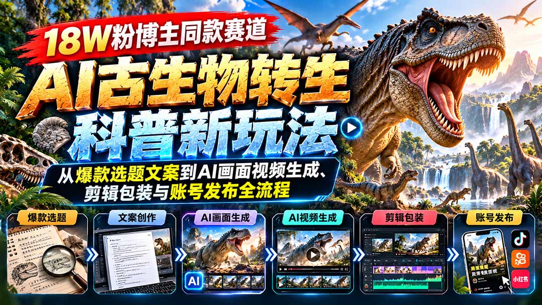 18W粉博主同款赛道-AI古生物转生科普新玩法：从爆款选题文案到AI画面视频生成、剪辑包装与账号发布全流程-优优云网创