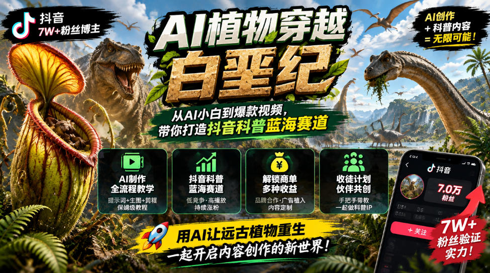 抖音7W粉丝博主的AI植物穿越白垩纪教学,抖音科普蓝海赛道,解锁商单收徒伙伴计划等多种收益-优优云网创