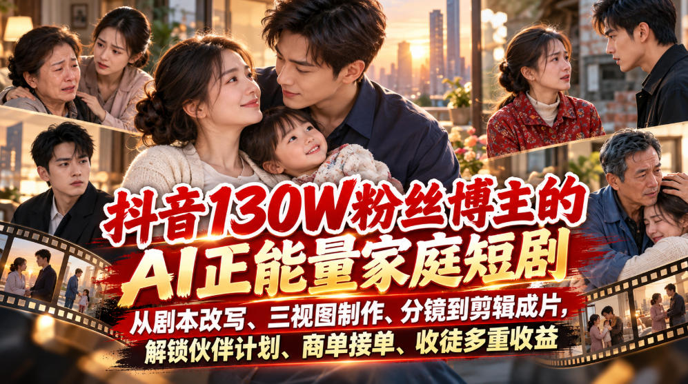 抖音130W粉丝博主的AI正能量家庭短剧,从剧本改写、三视图制作、分镜到剪辑成片,解锁伙伴计划、商单接单、收徒多重收益(更新1007)-优优云网创