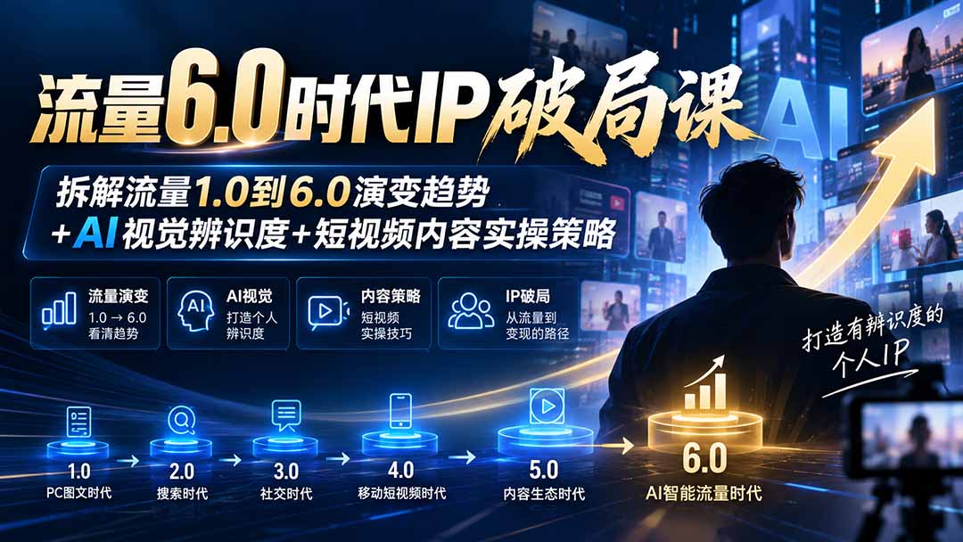 流量6.0时代IP破局课:拆解流量1.0到6.0演变趋势+AI视觉辨识度+短视频内容实操策略-优优云网创