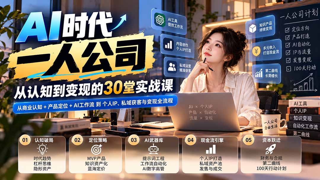 【无水印】AI时代一人公司30堂实战课:从商业认知+产品定位+AI工作流到个人IP、私域获客与变现全流程-优优云网创