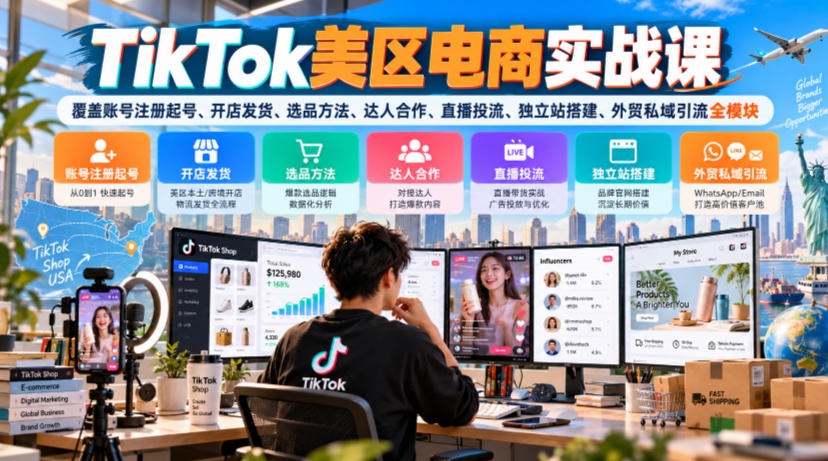 TikTok美区电商实战课,覆盖账号注册起号、开店发货、选品方法、达人合作、直播投流、独立站搭建、外贸私域引流全模块-优优云网创