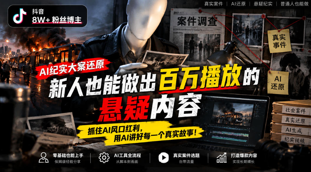 抖音8W粉丝博主的AI纪实大案还原教学,新人也能做出百W播放的悬疑内容,抓住AI风口红利,用AI讲好每一个真实故事-优优云网创