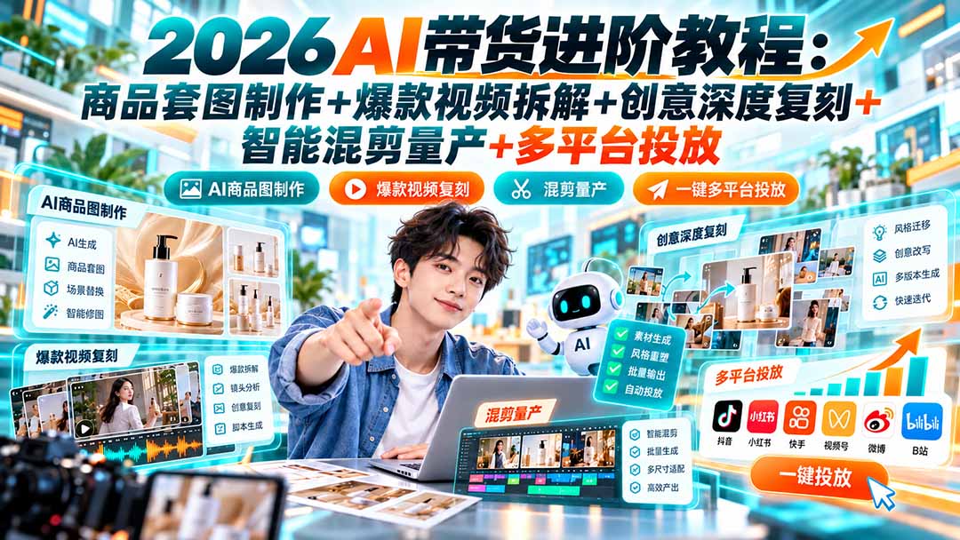 2026AI带货进阶教程:商品套图制作+爆款视频拆解+创意深度复刻+智能混剪量产+多平台投放-优优云网创