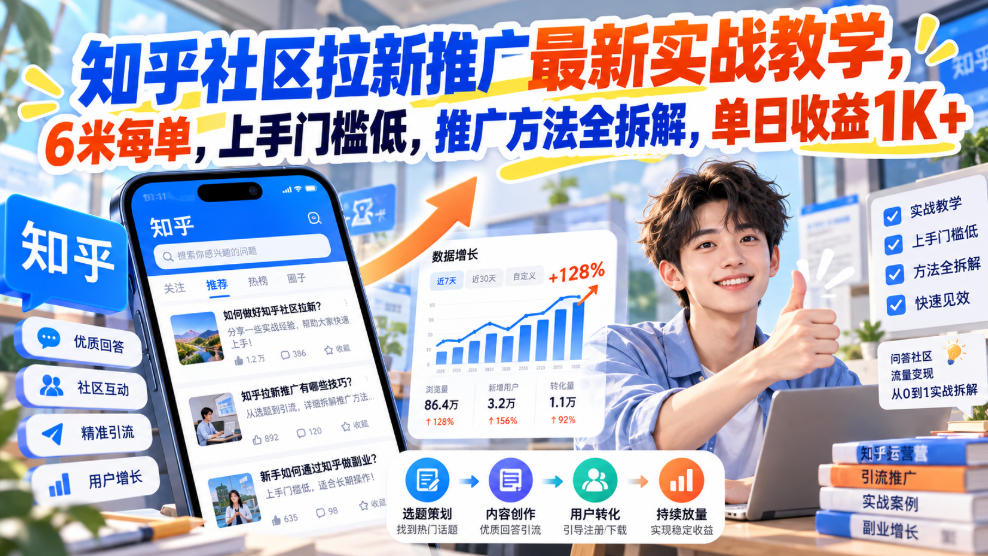知乎社区拉新推广最新实战教学,6米每单,上手门槛低,推广方法全拆解,单日收益1K+!(更新1010)-优优云网创