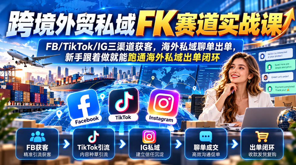 跨境外贸私域FK赛道实战课|FB/TikTok/IG三渠道获客,海外私域聊单出单,新手跟着做就能跑通海外私域出单闭环-优优云网创