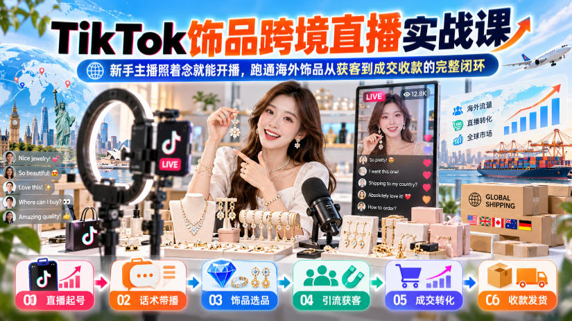 TikTok饰品跨境直播实战课,新手主播照着念就能开播,跑通海外饰品从获客到成交收款的完整闭环-优优云网创