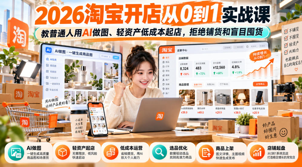 2026淘宝开店从0到1实战课,教普通人用AI做图、轻资产低成本起店,拒绝铺货和盲目囤货-优优云网创