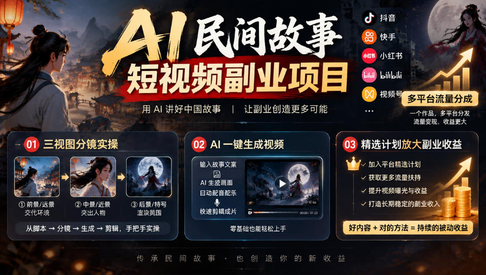 AI民间故事短视频副业项目,多平台流量分成,三视图分镜实操,精选计划放大副业收益-优优云网创