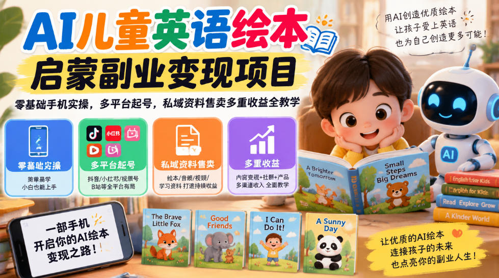 AI儿童英语绘本启蒙副业变现项目,零基础手机实操,多平台起号,私域资料售卖多重收益全教学-优优云网创