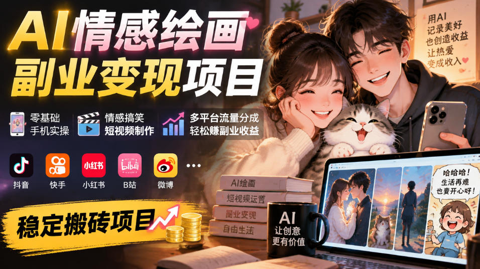 AI情感绘画副业变现项目|零基础手机实操,情感搞笑短视频制作,多平台流量分成轻松賺副业收益-优优云网创