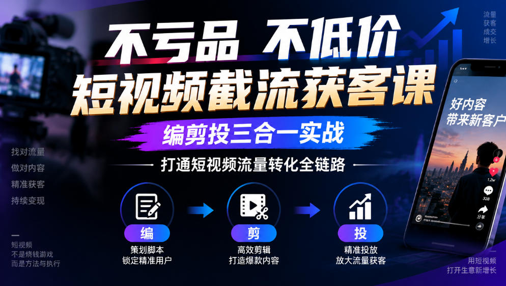 不亏品不低价短视频截流获客课,编剪投三合一实战,打通短视频流量转化全链路-优优云网创