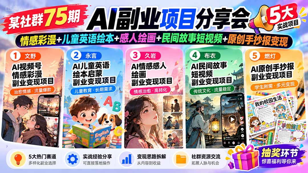 某社群75期AI副业项目分享会:情感彩漫+儿童英语绘本+感人绘画+民间故事短视频+原创手抄报变现-优优云网创