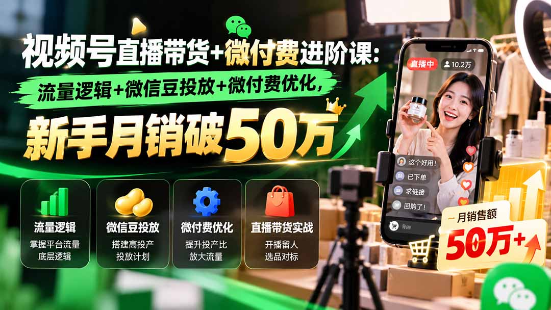 视频号直播带货+微付费进阶课-更新1010:流量逻辑+微信豆投放+微付费优化,新手月销破50万-优优云网创