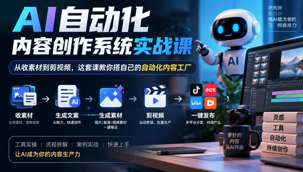 AI自动化内容创作系统实战课,从收素材到剪视频,这套课教你搭自己的自动化内容工厂-优优云网创