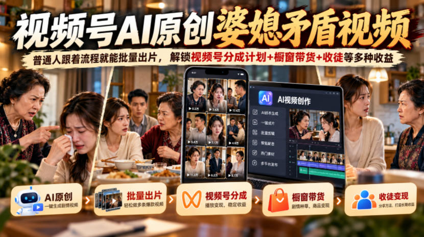 视频号ai原创婆媳矛盾视频,普通人跟着流程就能批量出片,解锁视频号分成计划+橱窗带货+收徒等多种收益-优优云网创