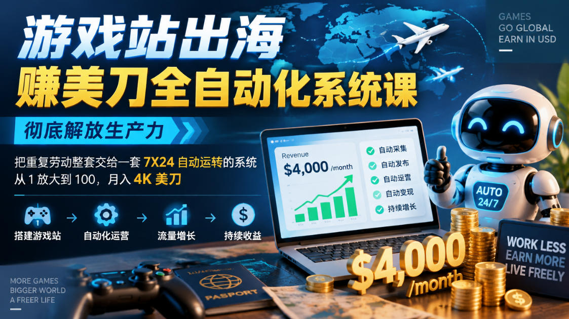游戏站出海賺美刀全自动化系统课,彻底解放生产力–把重复劳动整套交给一套7X24自动运转的系统,从1放大到100,月入4K美刀-优优云网创
