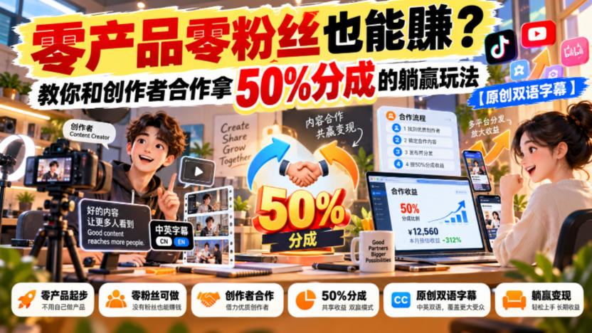 【无水印】零产品零粉丝也能賺?教你和创作者合作拿50%分成的躺赢玩法【原创双语字幕】-优优云网创