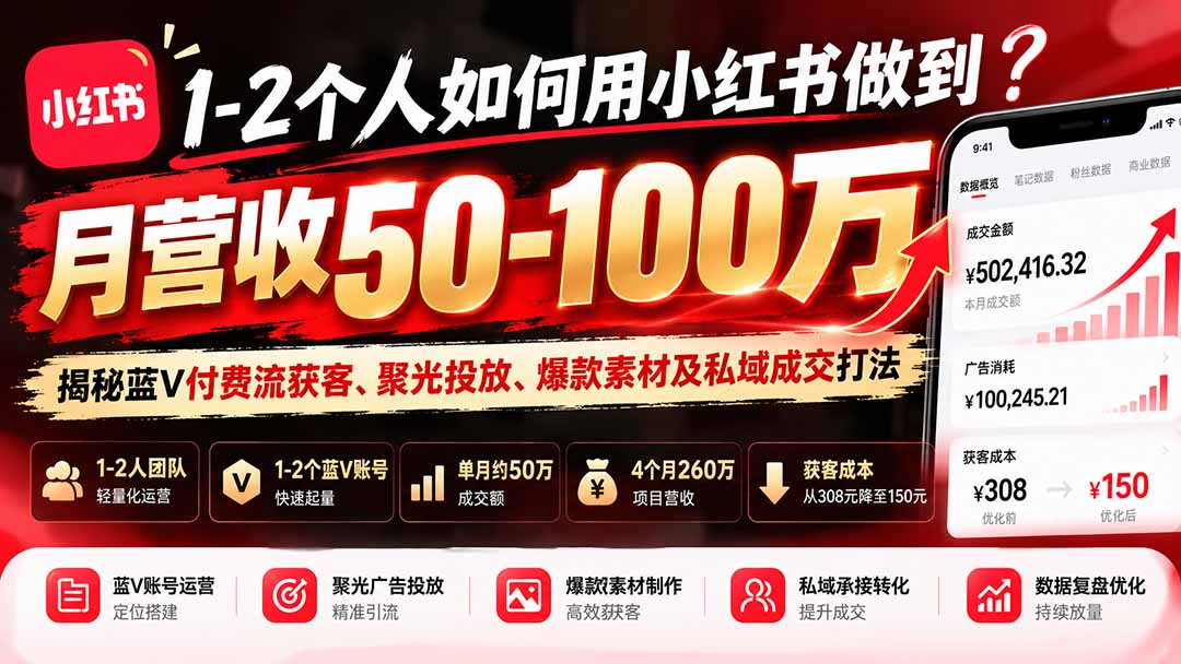 1-2个人如何用小红书做到月营收50-100万?揭秘蓝V付费流获客、聚光投放、爆款素材及私域成交打法-优优云网创