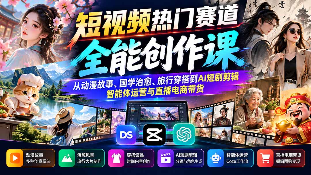 短视频热门赛道全能创作课:从动漫故事、国学治愈、旅行穿搭到AI短剧剪辑、智能体运营与直播电商带货-优优云网创