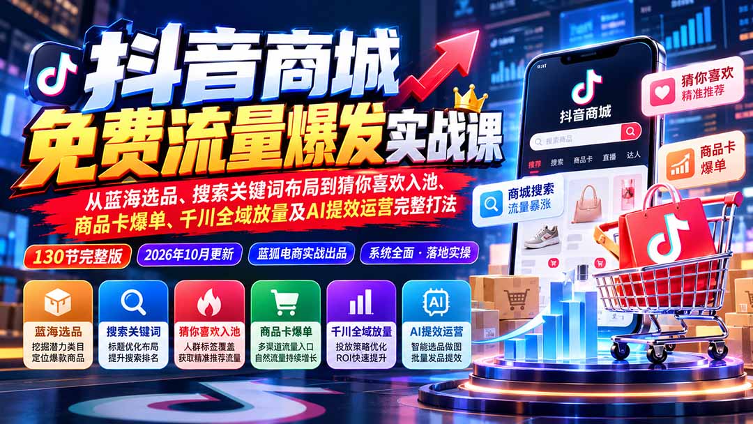 抖音商城免费流量爆发实战:从蓝海选品、搜索关键词布局到猜你喜欢入池、商品卡爆单、千川全域放量及AI提效完整打法-优优云网创