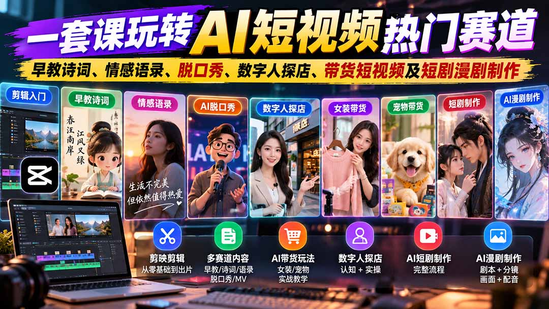 一套课玩转AI短视频热门赛道:早教诗词、情感语录、脱口秀、数字人探店、带货短视频及短剧漫剧制作 复制标题-优优云网创